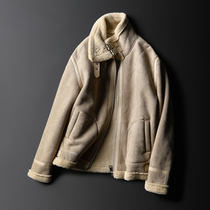 Leather and fur coat mens winter warm thickened imitation Lamb hair slim handsome lapel flying jacket