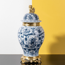 European-style blue and white ceramics with copper general jar ornaments living room entrance luxury ornaments soft ceramic jar storage jar