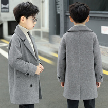 Korean childrens woolen coat long autumn and winter wool woolen boy woolen coat medium and big child warm trench coat