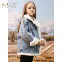 Girls plus velvet denim coat 2021 autumn and winter new middle and big children foreign fashion fashionable woolen coat children thick winter