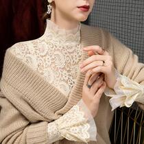 High collar lace base shirt female spring and autumn 2021 New slim body with foreign style small shirt fashion long sleeve mesh top
