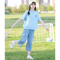 Womens summer sports leisure suit loose high school students junior high school girls fashion girl stripes 15 years old 13