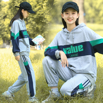Junior high school students autumn sports clothes hooded girls Big children high school girls spring and autumn tops Korean version of loose color