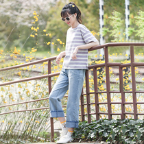 Girl summer two-piece junior high school student suit loose Korean version of small Daisy stripe high school student T-shirt summer dress tide