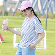 Girls summer junior high school students summer short sleeve stripes T-shirt loose high school girls sweet hipster coat tide