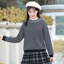 Girl plus velvet sweater junior high school students winter dress base inside high school girls 2020 winter New stripe top