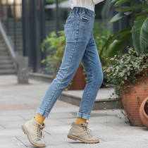 2020 Winter new junior high school students jeans slim slim high school girl Big Boy brushed pencil pants