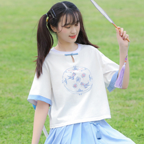 Junior high school students young women summer clothes high school girls short sleeve T-shirt loose Chinese style buckles antique improved tops