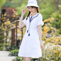 Summer female childrens trumpet sleeve dress junior high school students thin hipster academic style summer dress long skirt