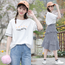 2020 new summer suit junior high school students summer short sleeve T-shirt skirt girl two-piece set
