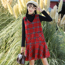 Womens autumn and winter plaid woolen vest skirt college style junior high school student strap dress high school girls autumn dress