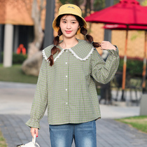 2020 girl Korean loose plaid shirt female horn sleeve college style junior high school students autumn coat doll collar