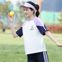 Short-sleeved T-shirt sports Korean version of loose stitching leisure girls Big children high school girls junior high school students summer tops