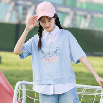 Junior high school students fake two shirts short sleeve T-shirt girls summer clothes High School students loose sweet and cute