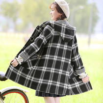 Middle School students winter clothing horn buckle wool jacket female middle school junior high school students Korean version of thick plaid woolen coat tide