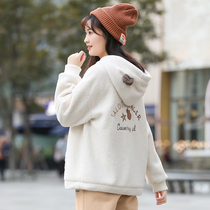Junior high school student sweater plus velvet thick hooded loose high school girl Korean cute soft Sister Lamb plush top