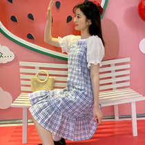 Girl improved cheongsam dress summer Plaid sweet princess High School junior high school students Chinese style buckle skirt