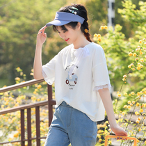 Female Big Boy summer T-shirt junior high school student loose Korean lace cuff lace neckline girl short sleeve top