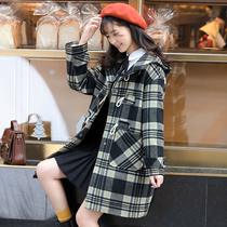 Horn buckle woolen coat long girl College Style junior high school students 2020 winter red plaid woolen coat