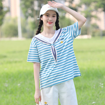 Junior high school students summer clothes T-shirt girls Big children short sleeves loose summer high school girls striped Sailor coat thin