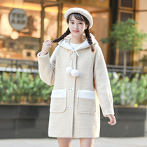 Girl winter dress woolen coat College Style 2020 winter Cotton Junior High School students plus cotton and velvet coat long