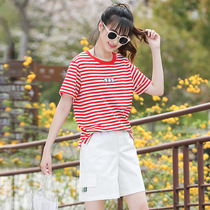 Junior high school students summer red stripe T-shirt loose vitality girl feeling foreign atmosphere big child summer short sleeve shirt