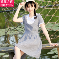 Baby collar girl dress new 2017 college style junior high school students short sleeve plaid skirt long slim