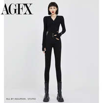 Black stretch belly high waist jeans womens 2022 autumn new slim slim pencil pants skinny pants