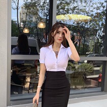 White slim fit tight V-neck low cut sexy shirt high waist skirt Professional suit womens summer foot bath overalls