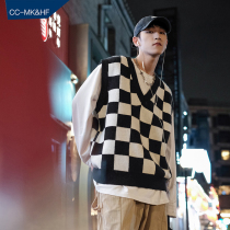 Checkerboard sweater vest mens tide ins Japanese college style bf couple womens spring and autumn knitted sweater vest