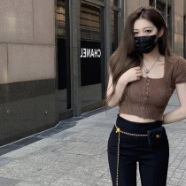 Square Collar Knit Cardiovert Women Summer New Body Slim Fit Hot Girl Sexy Pure Desire Wind Short plush short sleeve blouse