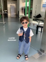 LUCKI KIDS Korean boy clothing spring summer new small boy short sleeve cartoon T-shirt denim horse chia striped pants