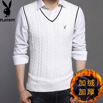 Playboy vest men plus velvet padded v-neck waistcoat winter warm sweater waistcoat wool knit base shirt