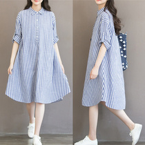 Foreign maternity dress Korean autumn loose long cotton linen dress long sleeve striped shirt 200kg shirt