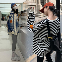 Autumn Clothing New Big Code Gestation Maternity dress Dress Foreign Air Striped T-shirt Net Red-Coated Blouse Women