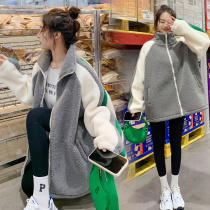 Pregnant womens autumn clothing new Korean style mid-length sweater cardigan jacket thickened lamb wool stand-up collar zipper coat trendy