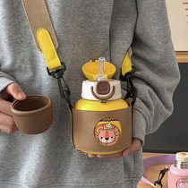 Cute thermos cup ladies high value with straw water Cup portable kettle girls super cute children crossbody big belly Cup