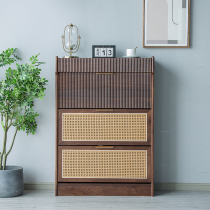 Nordic Black Walnuts Shoe Cabinet Doorway Large Capacity Ultra Slim Breathable Tipping Bucket Shoe Rack Minima Total Solid Wood Rattan