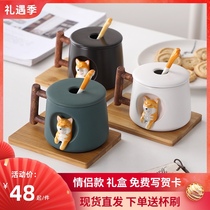 Creative ceramic firewood dog Cup with lid spoon cute mug couple boys and girls water cup gift summer coffee cup