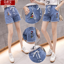 Elastic waist denim shorts womens 2021 summer Korean embroidery cartoon loose thin straight high waist student hot pants