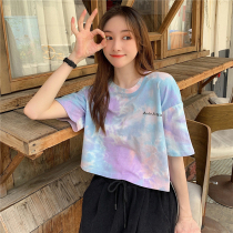 Dance practice clothes new summer loose jazz dance Dew belly button half sleeve dress short sleeve tie dyed letter T-shirt