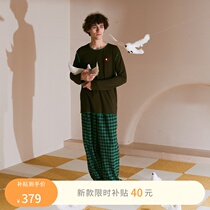Duoduo Coco 21 Autumn Pajamas Mens Simple Pullover Long Sleeve Knitted T-shirt Plaid Pants Home Clothing Set