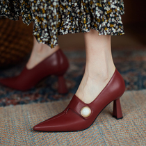 YCF deep mouth single shoe woman 2022 spring new Korean version 100 hitch red pointed fine heel high heel shoes Four Seasons womens shoes