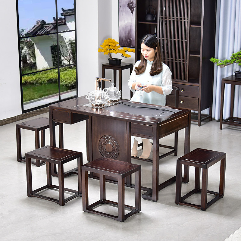 Boyuan tea table solid wood tea table mobile tea cart tea sea tea seat kung fu tea set new Chinese flower pear wood home