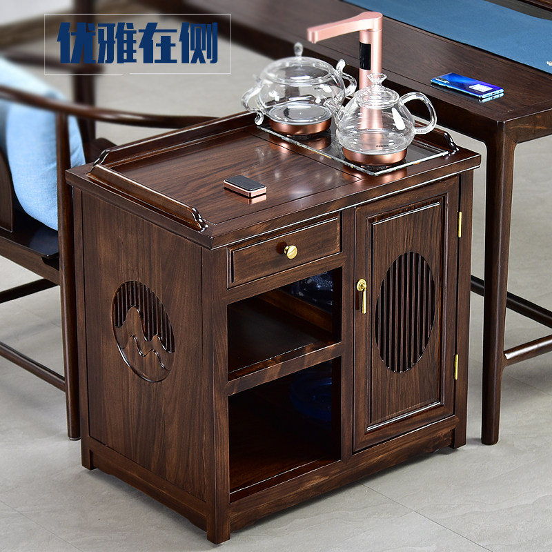 Wujin wood tea cabinet mobile small tea table tea cart home large plate tea table sofa side cabinet solid wood new Chinese-style one
