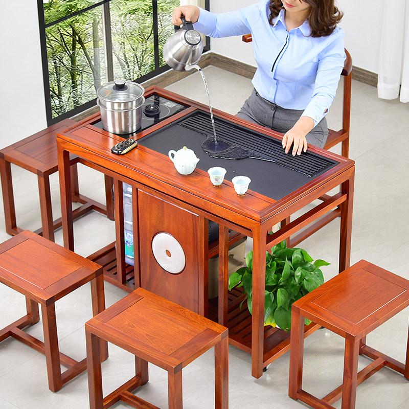 Solid wood mobile tea cart make tea table Wujinshi tea table home small tea table flower pear new Chinese 1 meter tea set tea plate