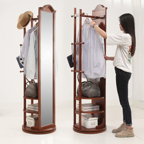 Full-body floor mirror solid wood coat rack with mirror integrated rotating home bedroom hanger trial wardrobe