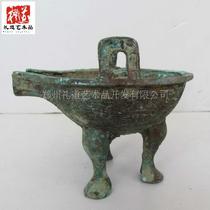 Ancient playing antique made of old antique handicraft red spotted green embroidered bronze ware Two-ear Shanxi pit with three feet tripod