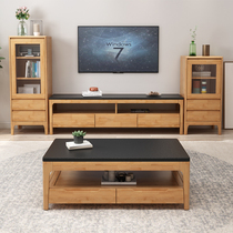 Nordic Solid Wood TV Cabinet Tea Table Combination Modern Minima Living Room Marble Fire Stone Solid Wood Cabinet Ground Cabinet Dwarf Cabinet