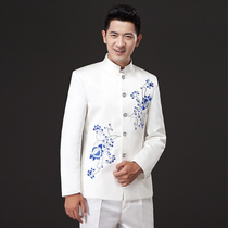 Zhongshan costume male new blue and white porcelain embroidery singer host dress adult chorus performance costume